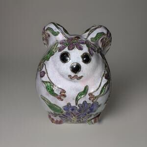 Vintage Cloisonné Enamel Floral Bunny Rabbit Easter Figure Gold Trim 3”x3”